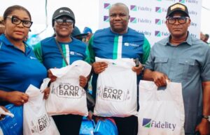 CSR: Fidelity Bank Distributes Food Items in Ondo State L-R: Branch Leader, Akure, Fidelity Bank Plc, Mrs. Angela Akeju; Team Lead, CSR, Fidelity Bank Plc, Victoria Abuka; Regional Bank Head, Southwest 1, Fidelity Bank Plc, Folaranmi Jemirin; and Chairman, Ondo State Oil Producing Areas Development Commission (OSOPADEC), Prince Biyi Poroye, at the Fidelity Food Bank distribution event held in Igbokoda Community, Ilaje Local Government Area of Ondo State, recently…