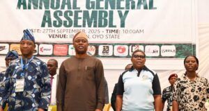 Makinde Declares Open NFF’s 81st Annual General Assembly, Makes Promises From left, President, Nigeria Football Federation (NFF), Ibrahim Gusau; Oyo State Governor, Seyi Makinde; Oyo State Head of Service, Mrs Olubumi Oni and Oyo State Commissioner for Youth and Sports, Wasilat Adegoke, during the Annual General Assembly of NFF, held at Ogunlesi Hall, UCH, Ibadan…