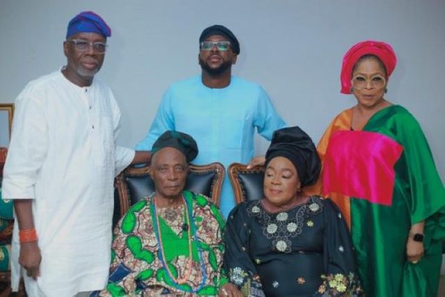 Olunloyo Family Mr Olugbenga Olunloyo, left, with others with Oba Rashidi Ladoja...Chief Mrs Aderonke Olunloyo is seated with the Olubadan designate...