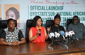 All Set For Makinde’s Govt To Launch AfCFTA Implementation Strategy From left, Chairman, Oyo State Agency for Youth Development, Prince Adebowale Falana; Special Adviser to Oyo State Governor on International Trade and Chairman, African Continental Free Trade Area (AfCFTA), Technical Working Group, Ms Neo Theodore Tlhaselo; Stakeholders Coordinator, Chief Abiola Alli and Deputy Chairman, AfCFTA Technical Working Group, Mr Kunle Olushina, during a press briefing on the official launch of Oyo State Sub-National AfCFTA, held at the Governor's Office Briefing Room, Secretariat, Ibadan…