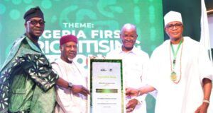Why Tinubu’s Govt Should Urgently Legislate, Implement ‘Nigeria First’ Policy – Dangote L-R: Director General, Manufacturers Association of Nigeria (MAN), Segun Ajayi-Kadir; Engr. Ahmed Mansur (Representative of Guest Speaker, Aliko Dangote, GCON, President/CE, Dangote Industries Limited, receiving an award); Honourable Minister of State for Industry, Trade and Investment, Sen. John Enoh (Rep. of President of Nigeria); President of Manufacturers Association of Nigeria (MAN), Otunba Francis Meshioye; at the 53 Annual Meeting of Manufacturers Association of Nigeria (MAN)/5th Adetola Odutola Lecture Presidential Luncheon in Lagos on Thursday, October 16, 2025…