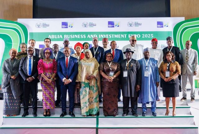 Elumelu and others …Chairman, United Bank for Africa (UBA) Plc. and Heirs Holdings, Tony O. Elumelu CFR; Minister of State for FCT, Dr Mariya Mahmoud and Convener and Host/ Group Managing Director (GMD) of Abuja Investments Company Limited (AICL), Ambassador Dr. Maureen Tamuno, flanked by dignitaries at the Abuja Business & Investment Summit & Expo 2025, held at the Bola Ahmed Tinubu International Conference Centre Abuja on Wednesday…