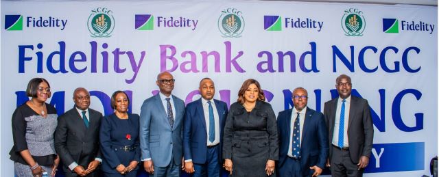 Fidelity IMAGE L-R: Executive Director, South Directorate, Fidelity Bank Plc, Pamela Shodipo; Executive Director, Lagos & South West, Fidelity Bank, Dr. Ken Opara; Executive Director, Strategy and Operations, National Credit Guarantee Company Limited (NCGC), Mrs. Tinuola Aigwedo; Executive Director/Chief Risk Officer, Fidelity Bank Plc, Kevin Ugwuoke; MD/CEO, NCGC, Mr. Bonaventure Okhaimo; Managing Director/Chief Executive Officer, Fidelity Bank Plc, Dr. Nneka Onyeali-Ikpe; Executive Director/Chief Operations and Information Officer, Fidelity Bank Plc, Stanley Amuchie; and Executive Director, Risk Management, NCGC, Prof Ezekiel Oseni, during the Memorandum of Understanding (MoU) Signing Ceremony between Fidelity Bank and NCGC in Lagos…