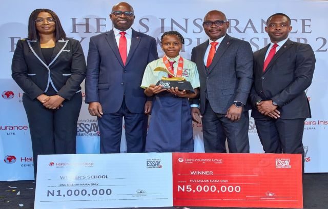 Heir Insurance Image L:R- National Coordinator, National Social Safety-Nets Coordinating Office, Funmi Olotu; Niyi Onifade, Managing Director/Chief Executive Officer, Heirs Life Assurance and the Group’s Sector Head; winner, 2025 Heirs Insurance Essay Championship, Rhema-Love Abraham, MD/CEO, Heirs General Insurance Wole Fayemi; and Head, Technical, Heirs Insurance Brokers, James Akpan, at the finale of the competition…Credit: Heirs Insurance