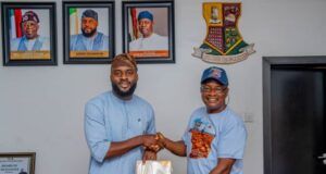 Ogundoyin, Oyo Speaker Receives Copy Of ParrotXtra’s 20th Anniversary Compendium Rt Hon Adebo Ogundoyin, left, with Ambassador Olayinka Agboola...at the Speaker's Office in Ibadan on Thursday...