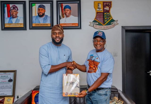 Oyo Speaker and Olayinka Agboola Rt Hon Adebo Ogundoyin, left, with Ambassador Olayinka Agboola...at the Speaker's Office in Ibadan on Thursday...