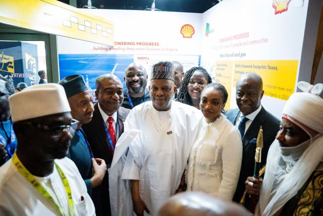 Shettima and others …Vice President, Kashim Shettima, Ministers and other distinguished dignitaries at Shell’s exhibition booth during the Nigerian Economic Summit in Abuja…on Monday…