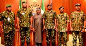 National Security On Front Burner As Tinubu Holds Meeting With New Service Chiefs From Left: Chief of Defence Intelligence, Maj. Gen. Emmanuel Undiandeye, Chief of Defence Staff, Lieutenant General Olufemi Olatubosun Oluyede, President Bola Ahmed Tinubu, Chief of Army Staff, Major General Waidi Shaibu, Chief of Naval Staff, Rear Admiral Idi Abbas and Chief of Air Staff, Air Vice Marshal Sunday Aneke, at the State House, Abuja. Monday, October 27, 2025...