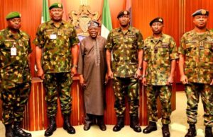 National Security On Front Burner As Tinubu Holds Meeting With New Service Chiefs From Left: Chief of Defence Intelligence, Maj. Gen. Emmanuel Undiandeye, Chief of Defence Staff, Lieutenant General Olufemi Olatubosun Oluyede, President Bola Ahmed Tinubu, Chief of Army Staff, Major General Waidi Shaibu, Chief of Naval Staff, Rear Admiral Idi Abbas and Chief of Air Staff, Air Vice Marshal Sunday Aneke, at the State House, Abuja. Monday, October 27, 2025...