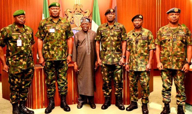 Tinubu and new Service Chiefs From Left: Chief of Defence Intelligence, Maj. Gen. Emmanuel Undiandeye, Chief of Defence Staff, Lieutenant General Olufemi Olatubosun Oluyede, President Bola Ahmed Tinubu, Chief of Army Staff, Major General Waidi Shaibu, Chief of Naval Staff, Rear Admiral Idi Abbas and Chief of Air Staff, Air Vice Marshal Sunday Aneke, at the State House, Abuja. Monday, October 27, 2025...
