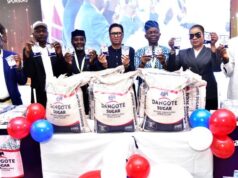 Dangote Unveils New Sugar Pack Sizes At Lagos Trade Fair, Recommits To Nigeria’s Full Industrialization L-R: Customer Relationship Manager, Group Commercial Operations, Dangote Industries Limited, Garba El-Suleiman; Head, Sales & Marketing, Dangote Sugar Refinery Plc, Bello Saddiq; LCCI Vice President/Chairman, Promotion Board, Prince Abimbola Olasore; Group Managing Director/CEO, Dangote Sugar Refinery Plc, Ravindra Singhvi; President, Lagos Chamber of Commerce and Industry (LCCI), Gabriel Idahosa; Group Sales and Marketing Director, Dangote Cement Plc, Funmi Sanni, (Rep. of GED Commercial Operations, Dangote Industries Limited) and Deputy President, Lagos Chamber of Commerce and Industry (LCCI), Engr. Leye Kupoluyi at Dangote Special Day during which Dangote Sugar unveiled its 25kg and 10g retail pack at the 2025 Lagos International Trade Fair, in Lagos on Wednesday, November 12, 2025…