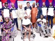 Excitement As Dangote Cement Ibese Celebrates Senior Citizens, Champions Inclusion In Host Communities Back Row, L-R, Head Social Performance, Dangote Cement Ibese Plant, Ademola Ojolowo; General Manager HAM/ Admin, Dangote Cement ibese plant, Aina Olugbemiga; Special Assistant to the Ogun State Governor on Women Affairs, Hon. Araba Adebukunola Augusta; Plant Director, Dangote cement Ibese, Ayyagari Subbaraidu; Chairman, Community Join Consultative Committee, Hon. Dayo Ogunyinka; Chairman, Yewa North Local Government, Hon. Olusola Akinbode; Head of Internal control, Dangote Cement Ibese, Sola Akinloye and Manager, HAM/Admin, Dangote Packaging Ltd, Oloyede Oladipupo with some of the beneficiaries of the Wheel Chairs. Front row, L-R, Aminat Babalola; Fausat Odu; Banji Bamidele at the Dangote Cement Ibese Plant’s 2025 Edition of A-Day Out with Senior Citizens...
