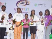 Excitement As Fidelity Bank Boosts Gymnastics Development L-R: Head Coach, Tee Tumblers Gymnastics Club & Lagos State Gymnastics Club, Patrick Umoh; CEO, Tee Tumblers Gymnastics Club and Co-founder, Gymfest Championship 2.0, Yoyin Akpose; Creative Coach, Gymfest Championship 2.0, Oyegbata Chinedu; and Gymfest Program Coordinator, Faith Oaikhiena; flanked by some participants during the Gymfest Championship 2.0 sponsored by Fidelity Bank Plc and held in Lagos, recently…