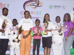 Excitement As Fidelity Bank Boosts Gymnastics Development L-R: Head Coach, Tee Tumblers Gymnastics Club & Lagos State Gymnastics Club, Patrick Umoh; CEO, Tee Tumblers Gymnastics Club and Co-founder, Gymfest Championship 2.0, Yoyin Akpose; Creative Coach, Gymfest Championship 2.0, Oyegbata Chinedu; and Gymfest Program Coordinator, Faith Oaikhiena; flanked by some participants during the Gymfest Championship 2.0 sponsored by Fidelity Bank Plc and held in Lagos, recently…