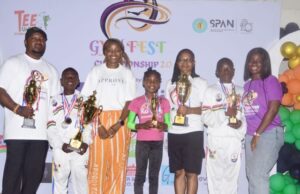 Excitement As Fidelity Bank Boosts Gymnastics Development L-R: Head Coach, Tee Tumblers Gymnastics Club & Lagos State Gymnastics Club, Patrick Umoh; CEO, Tee Tumblers Gymnastics Club and Co-founder, Gymfest Championship 2.0, Yoyin Akpose; Creative Coach, Gymfest Championship 2.0, Oyegbata Chinedu; and Gymfest Program Coordinator, Faith Oaikhiena; flanked by some participants during the Gymfest Championship 2.0 sponsored by Fidelity Bank Plc and held in Lagos, recently…