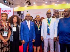At NAPE Exhibition, Shell Highlights Contributions To Nigerian Economy L-R: Senior Production Geologist, Shell Nigeria Exploration and Production Company Limited (SNEPCo), Abidemi Belgore; SNEPCo’s Communications Manager, Gladys Afam-Anadu; Ondo State Governor, Dr Lucky Aiyedatiwa; Incoming NAPE President , Olajumoke Ajayi ;President NAPE, Uche Johnbosco; Chairman of the Nigerian National Petroleum Company Limited (NNPC) Ahmadu Musa Kida and Minister of State for Petroleum Resources (Oil), Heineken Lokpobiri at Shell booth during at the 43rd Annual International Conference and Exhibition of the Nigeria Association of Petroleum Explorationists in Lagos…