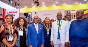 At NAPE Exhibition, Shell Highlights Contributions To Nigerian Economy L-R: Senior Production Geologist, Shell Nigeria Exploration and Production Company Limited (SNEPCo), Abidemi Belgore; SNEPCo’s Communications Manager, Gladys Afam-Anadu; Ondo State Governor, Dr Lucky Aiyedatiwa; Incoming NAPE President , Olajumoke Ajayi ;President NAPE, Uche Johnbosco; Chairman of the Nigerian National Petroleum Company Limited (NNPC) Ahmadu Musa Kida and Minister of State for Petroleum Resources (Oil), Heineken Lokpobiri at Shell booth during at the 43rd Annual International Conference and Exhibition of the Nigeria Association of Petroleum Explorationists in Lagos…