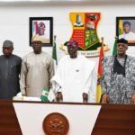 L R Kola Adewusi Osun Deputy Biodun Oyebanji Ekiti Seyi Makinde Oyo Babajide Sanwo Olu Lagos Dapo Abiodun Ogun and Lucky Ayedatiwa Ondo during the South West Governors Forum meeting held at Executive Chamber Governors Office Secretariat Ibadan