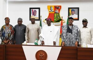Push Against Insecurity: South West Governors Meet In Ibadan L-R: Kola Adewusi (Osun Deputy) Biodun Oyebanji (Ekiti); Seyi Makinde (Oyo); Babajide Sanwo-Olu (Lagos); Dapo Abiodun (Ogun) and Lucky Ayedatiwa (Ondo), during the South West Governors' Forum meeting, held at Executive Chamber, Governor's Office, Secretariat, Ibadan…