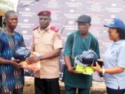 Dangote Cement Empowers Drivers, Riders, Leads Ember Month Awareness …Federal Road Safety Unit Commander Ilaro, Sulaiman Oluwadunmiye (Second left) presenting Safety kits to a beneficiary and Dangote Cement Plc, Group Head Transport /HSE, Ebere Okonkwo (right) also presents safety kits to the Chairman of the Ilaro Okada Riders Association, Comrade Adekunjo Dauda; During the Dangote Cement Plc, Ibese Plant 2025 Edition of Ember Months Road Safety Campaign in Ilaro, Ogun state…