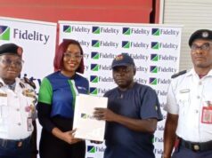 Fidelity Bank Promotes Sustainable Firefighting Practices In Lagos L-R: Lagos State Controller, Federal Fire Service, CF (Controller of Fire), Adebayo Funke; Tolulope Rojaiye, Marketing Business Partner, Fidelity Bank Plc; Assistant Superintendent of Fire, Ishola Folorunsho Olufemi; and Station Commander, Onikan Fire Station, Lagos, Okeke Ferdinand; during the donation of firefighting equipment to the Federal Fire Service at Ikoyi, Lagos, recently…