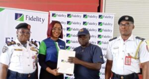 Fidelity Bank Promotes Sustainable Firefighting Practices In Lagos L-R: Lagos State Controller, Federal Fire Service, CF (Controller of Fire), Adebayo Funke; Tolulope Rojaiye, Marketing Business Partner, Fidelity Bank Plc; Assistant Superintendent of Fire, Ishola Folorunsho Olufemi; and Station Commander, Onikan Fire Station, Lagos, Okeke Ferdinand; during the donation of firefighting equipment to the Federal Fire Service at Ikoyi, Lagos, recently…