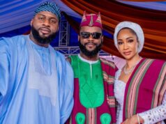 Installation As Òkanlòmọ Of Yorubaland: Oyo Speaker, Ogundoyin Congratulates Seyi Tinubu Rt Hon Adebo Ogundoyin, left, with Barrister Seyi Tinubu and wife...
