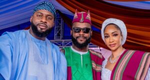 Installation As Òkanlòmọ Of Yorubaland: Oyo Speaker, Ogundoyin Congratulates Seyi Tinubu Rt Hon Adebo Ogundoyin, left, with Barrister Seyi Tinubu and wife...