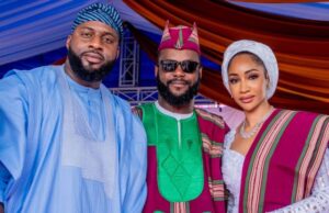 Installation As Òkanlòmọ Of Yorubaland: Oyo Speaker, Ogundoyin Congratulates Seyi Tinubu Rt Hon Adebo Ogundoyin, left, with Barrister Seyi Tinubu and wife...