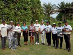 Shell Celebrates Retirees At 4th Annual Golf Tournament In Lagos …a group section of the winners with the Vice President Deepwater and Managing Director of SNEPCo, Ronald Adams and Mutiu Sunmonu, former Managing Director of SPDC and Country Chairman of Shell Companies in Nigeria both in the middle…