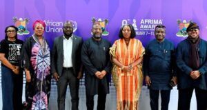 All Set For Lagos State Govt To Host 9th AFRIMA Awards L-R: Director of Partnership, All Africa Music Awards (AFRIMA), Edwidge Goli; Permanent Secretary, Lagos State Ministry of Tourism, Arts and Culture, Mrs. Bopo Oyekan-Ismaila; Special Adviser to the Governor on Media and Publicity, Mr. Gboyega Akosile; AFRIMA President, Mr. Mike Dada; Commissioner for Tourism, Arts & Culture, Mrs. Toke Benson-Awoyinka; her counterpart for Information and Strategy, Mr. Gbenga Omotoso and AFRIMA Jury-in-charge, Mr. Olisa Adibua during a press conference on the 9th AFRIMA Awards in Lagos, at the Bagauda Kaltho Press Centre, the Secretariat, Alausa in Ikeja, on Wednesday, January 07, 2026…
