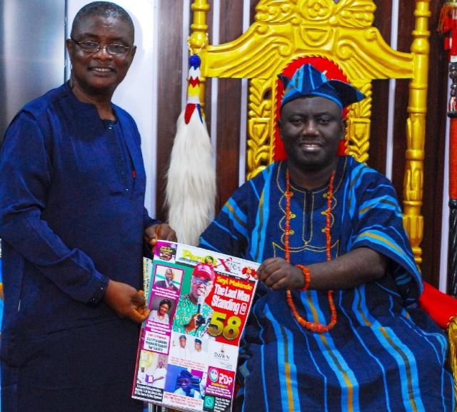 Alaafin Ambassador Olayinka Agboola, left, with the Alaafin of Oyo, HIM Akeem Owoade...