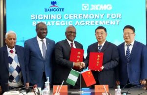 High Hopes As Dangote, China’s XCMG Seal Strategic Partnership On Infrastructure, Mining, Green Equipment …Aliko Dangote, President/CE, Dangote Group (3rd left); Mr. Yang Dongsheng, Chairman of Xuzhou Construction Machinery Group (2nd right); Mr Hanson Liu, the Vice President of XCMG (right) Dr Hassan Mahmud, Group Chief Economist, Dangote Group (2nd left) and Mathur Raghav - Director in charge of Project, Dangote Group (left)…