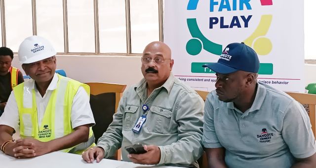 Ibese Fair Play L-R- Mr. Anandam Duraisamy, Technical Director DCP, Mr. Anand Rao DDT, Dangote Transport and Mr. Rabiuel Mohammed, ADDT, Dangote Transport listening with rapt attention at the event...