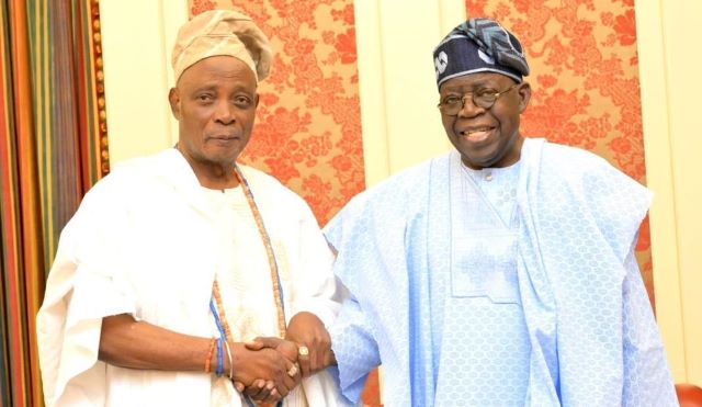 Ladoja and Tinubu Olubadan of Ibadanland, Oba Rashidi Ladoja, left, with President Bola Tinubu...