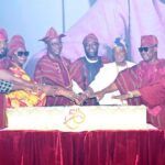 From left Representative of Chief Judge of Oyo State Justice R B Akinola Speaker Oyo State House of Assembly Hon Debo Ogundoyin Wife of Former Governor of Oyo State Chief Mrs Mutiat Ladoja Oyo State Governor Seyi Makinde Chairman Oyo State at 50 Committee Hon Saheed Akinade Fijabi Former Governor of Oyo State and Olubadan of Ibadanland Oba Rashidi Ladoja Deputy Governor of Oyo State Barr Bayo Lawal and his wife Ajibola during the opening ceremony of Oyo State at 50 Celebration held at the International Conference Centre University of Ibadan PHOTO Dare Alesinloye