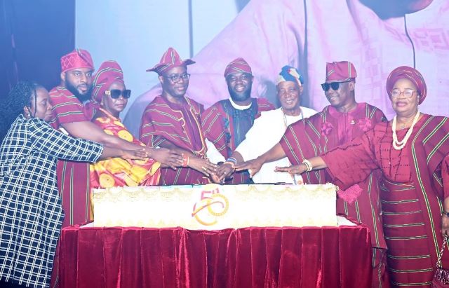 Oyo at 50 Image From left, Representative of Chief Judge of Oyo State, Justice R B Akinola; Speaker, Oyo State House of Assembly, Hon Debo Ogundoyin; Wife of Former Governor of Oyo State, Chief (Mrs) Mutiat Ladoja; Oyo State Governor, Seyi Makinde; Chairman, Oyo State at 50 Committee, Hon Saheed Akinade-Fijabi; Former Governor of Oyo State and Olubadan of Ibadanland, Oba Rashidi Ladoja; Deputy Governor of Oyo State, Barr Bayo Lawal and his wife, Ajibola, during the opening ceremony of Oyo State at 50 Celebration, held at the International Conference Centre, University of Ibadan. PHOTO: Dare Alesinloye