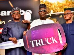 Excitement As Dangote Salt Honours 50 Customers L-R: President / CE, Dangote Industries limited, Aliko Dangote; Overall Best Winner, Ali Balarabe, of Ali Balarabe and Sons Limited; Olakunle Alake, Chairman NASCON Allied Industries Plc; at the NASCON Allied Industries Plc, Customers Dinner / Awards Night in Abuja on Thursday 12th February, 2026…