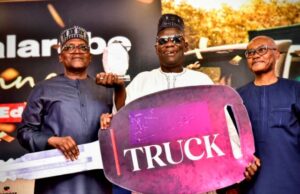 Excitement As Dangote Salt Honours 50 Customers L-R: President / CE, Dangote Industries limited, Aliko Dangote; Overall Best Winner, Ali Balarabe, of Ali Balarabe and Sons Limited; Olakunle Alake, Chairman NASCON Allied Industries Plc; at the NASCON Allied Industries Plc, Customers Dinner / Awards Night in Abuja on Thursday 12th February, 2026…