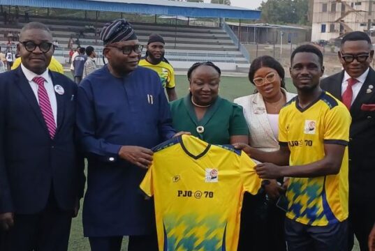 Photos: Lead City ‘Varsity’s Workers, Students In Epic Football Encounter To Mark Jide Owoeye’s 70th Birthday L-R: The VC of Lead City University, Professor Kabiru Aderemi Adeyemo, the birthday 'boy', Professor Jide Owoeye and others...