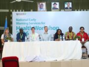 Agencies Gather To Strengthen Early Warnings For Health In Nigeria L-R: Nyree Pinder, Global Strategic Partnerships Manager, Met Office , Dr Ousmane Ndiaye, Director General, African Center of Meteorogical Application for Development (ACMAD), Nathan Post, Foreign, Commonwealth & Development Office, UK Health Lead & Met Office international economist, Hunter Jones, Global Lead, Climate Services for Health,WHO/WMO Climate and Health Joint Office, Glory Amarachi Onyegbule, Director Applied Meteorological Services, Nigerian Meteorological Agency (NiMet), Prof. Odjugo, Peter Akpodiogaga-a Ovuyovwiroye, Director Research and Training, Engr. Abohwo Ngozi Judith, Director Hydrology, Federal Ministry of Water Resources and Sanitation, at the World Press Conference of the National Early Warning Services (WISER) for Health Workshop 2026 held at the World Meteorological Organisation Regional Training Center (WMO RTC) in Oshodi, Lagos, Nigeria...