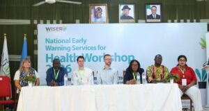 Agencies Gather To Strengthen Early Warnings For Health In Nigeria L-R: Nyree Pinder, Global Strategic Partnerships Manager, Met Office , Dr Ousmane Ndiaye, Director General, African Center of Meteorogical Application for Development (ACMAD), Nathan Post, Foreign, Commonwealth & Development Office, UK Health Lead & Met Office international economist, Hunter Jones, Global Lead, Climate Services for Health,WHO/WMO Climate and Health Joint Office, Glory Amarachi Onyegbule, Director Applied Meteorological Services, Nigerian Meteorological Agency (NiMet), Prof. Odjugo, Peter Akpodiogaga-a Ovuyovwiroye, Director Research and Training, Engr. Abohwo Ngozi Judith, Director Hydrology, Federal Ministry of Water Resources and Sanitation, at the World Press Conference of the National Early Warning Services (WISER) for Health Workshop 2026 held at the World Meteorological Organisation Regional Training Center (WMO RTC) in Oshodi, Lagos, Nigeria...