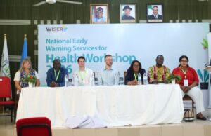Agencies Gather To Strengthen Early Warnings For Health In Nigeria L-R: Nyree Pinder, Global Strategic Partnerships Manager, Met Office , Dr Ousmane Ndiaye, Director General, African Center of Meteorogical Application for Development (ACMAD), Nathan Post, Foreign, Commonwealth & Development Office, UK Health Lead & Met Office international economist, Hunter Jones, Global Lead, Climate Services for Health,WHO/WMO Climate and Health Joint Office, Glory Amarachi Onyegbule, Director Applied Meteorological Services, Nigerian Meteorological Agency (NiMet), Prof. Odjugo, Peter Akpodiogaga-a Ovuyovwiroye, Director Research and Training, Engr. Abohwo Ngozi Judith, Director Hydrology, Federal Ministry of Water Resources and Sanitation, at the World Press Conference of the National Early Warning Services (WISER) for Health Workshop 2026 held at the World Meteorological Organisation Regional Training Center (WMO RTC) in Oshodi, Lagos, Nigeria...
