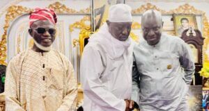 After Palace Ban, Oluwo Reconciles With Osun Rep Member L-R: Prof Lai Olurode, Oluwo of Iwo,Oba Abdulrosheed Akanbi and Hon Lukman Mudashiru at the meeting...