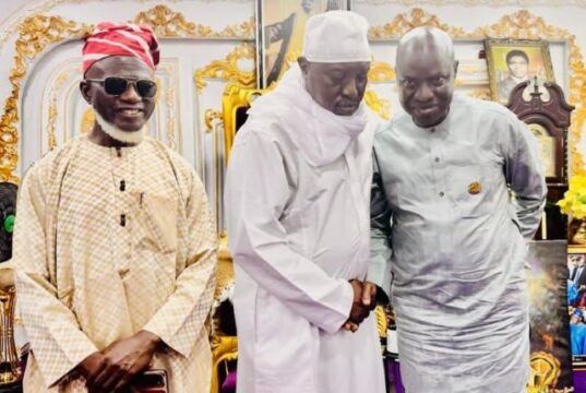 After Palace Ban, Oluwo Reconciles With Osun Rep Member L-R: Prof Lai Olurode, Oluwo of Iwo,Oba Abdulrosheed Akanbi and Hon Lukman Mudashiru at the meeting...