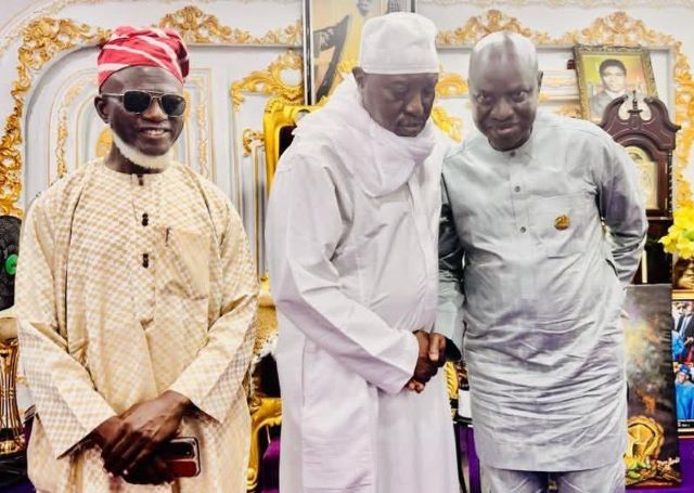 Oluwo L-R: Prof Lai Olurode, Oluwo of Iwo,Oba Abdulrosheed Akanbi and Hon Lukman Mudashiru at the meeting...