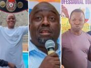 Promoters, Professional Boxers Applaud NSC For Stopping NBF From Interfering With Nigerian Pro-Boxing Man smiling and holding a championship belt above his head in a light blue outfit (left panel).