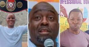 Promoters, Professional Boxers Applaud NSC For Stopping NBF From Interfering With Nigerian Pro-Boxing Man smiling and holding a championship belt above his head in a light blue outfit (left panel).