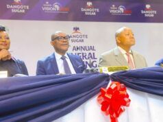 Dangote Sugar Shareholders Approve Landmark N500bn Rights Issue For Strategic Expansion L-R: Company Secretary/Legal Adviser, Dangote Sugar Refinery Plc, Temitope Hassan; Chairman, Dangote Sugar Refinery Plc, Arnold Ekpe; Group Managing Director/CEO, Dangote Sugar Refinery Plc, Thabo Mabe; Non-Executive Director, Dangote Sugar Refinery Plc, Olakunle Alake at the 20th Annual General Meeting of Dangote Sugar Refinery Plc, held on Wednesday, 15th April, 2026…