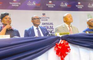 Dangote Sugar Shareholders Approve Landmark N500bn Rights Issue For Strategic Expansion L-R: Company Secretary/Legal Adviser, Dangote Sugar Refinery Plc, Temitope Hassan; Chairman, Dangote Sugar Refinery Plc, Arnold Ekpe; Group Managing Director/CEO, Dangote Sugar Refinery Plc, Thabo Mabe; Non-Executive Director, Dangote Sugar Refinery Plc, Olakunle Alake at the 20th Annual General Meeting of Dangote Sugar Refinery Plc, held on Wednesday, 15th April, 2026…